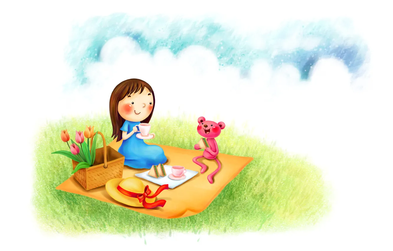 Photo wallpaper flowers, bear, picnic