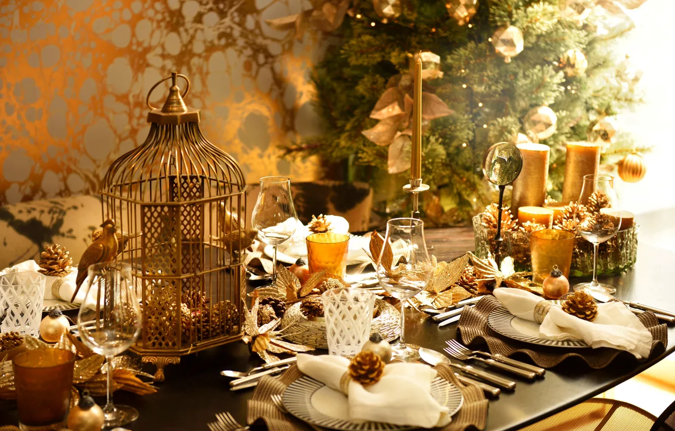 Photo wallpaper decoration, table, balls, candles, New Year, Christmas, holidays, Christmas