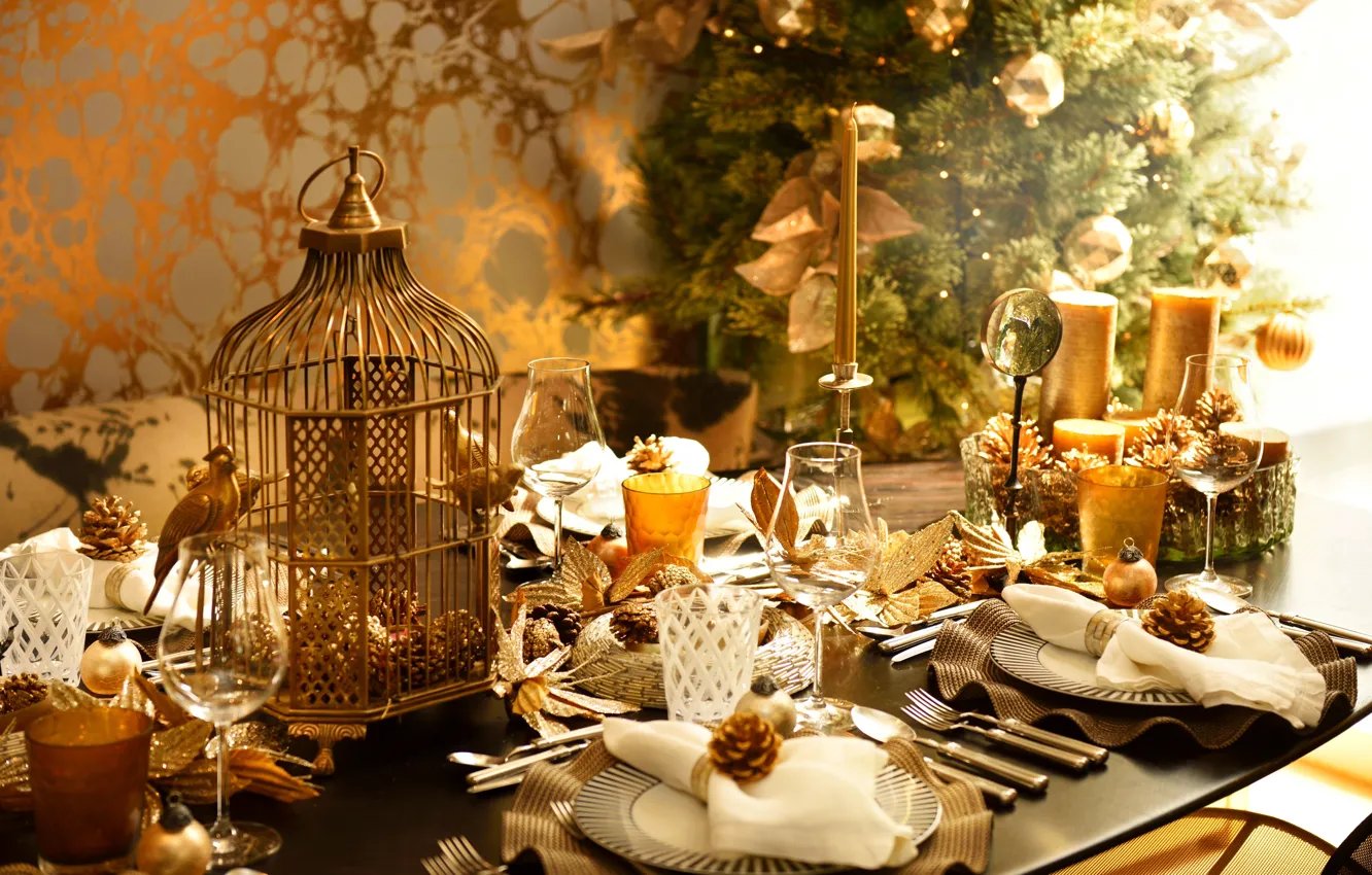 Photo wallpaper decoration, table, holiday, balls, new year, candles, Christmas, holidays