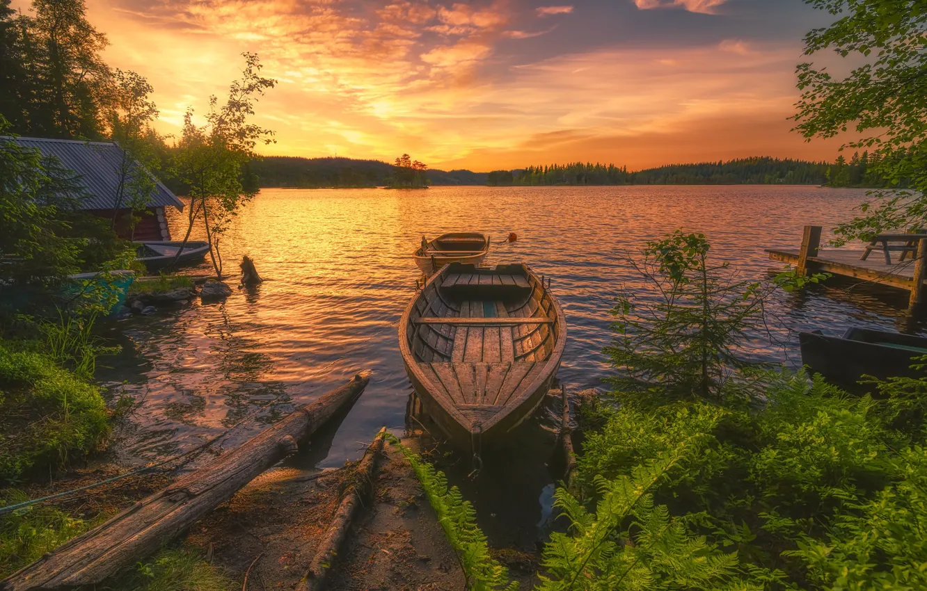Photo wallpaper landscape, sunset, nature, lake, boats, forest, Bank