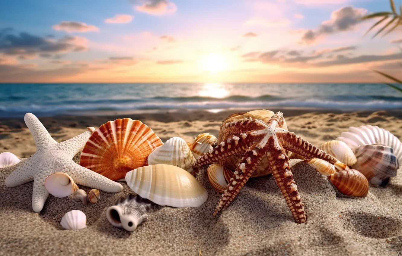 Photo wallpaper sand, sea, beach, stars, shell, beach, sea, sand