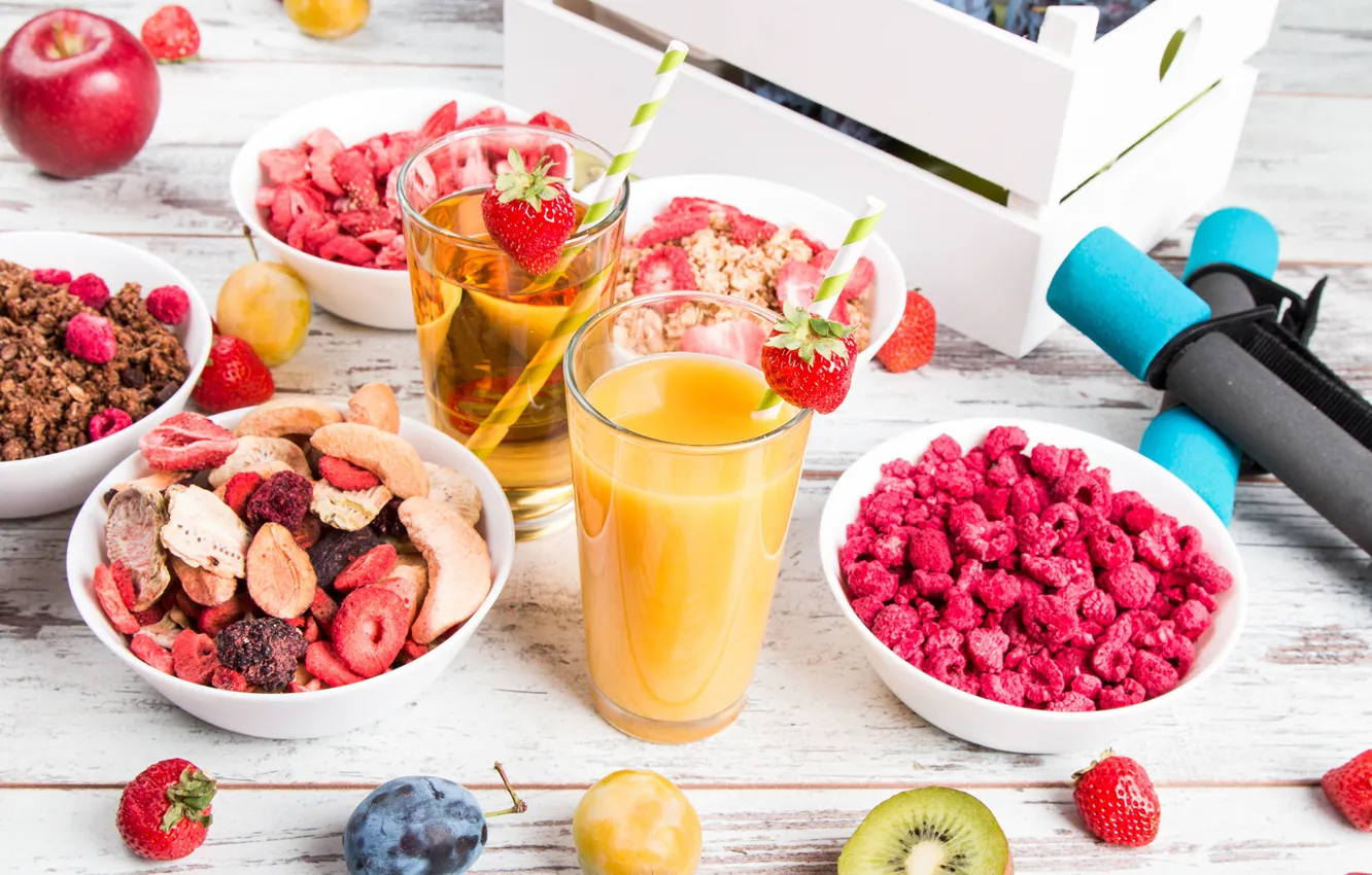 Photo wallpaper kiwi, strawberry, juice, fruit, dried fruits