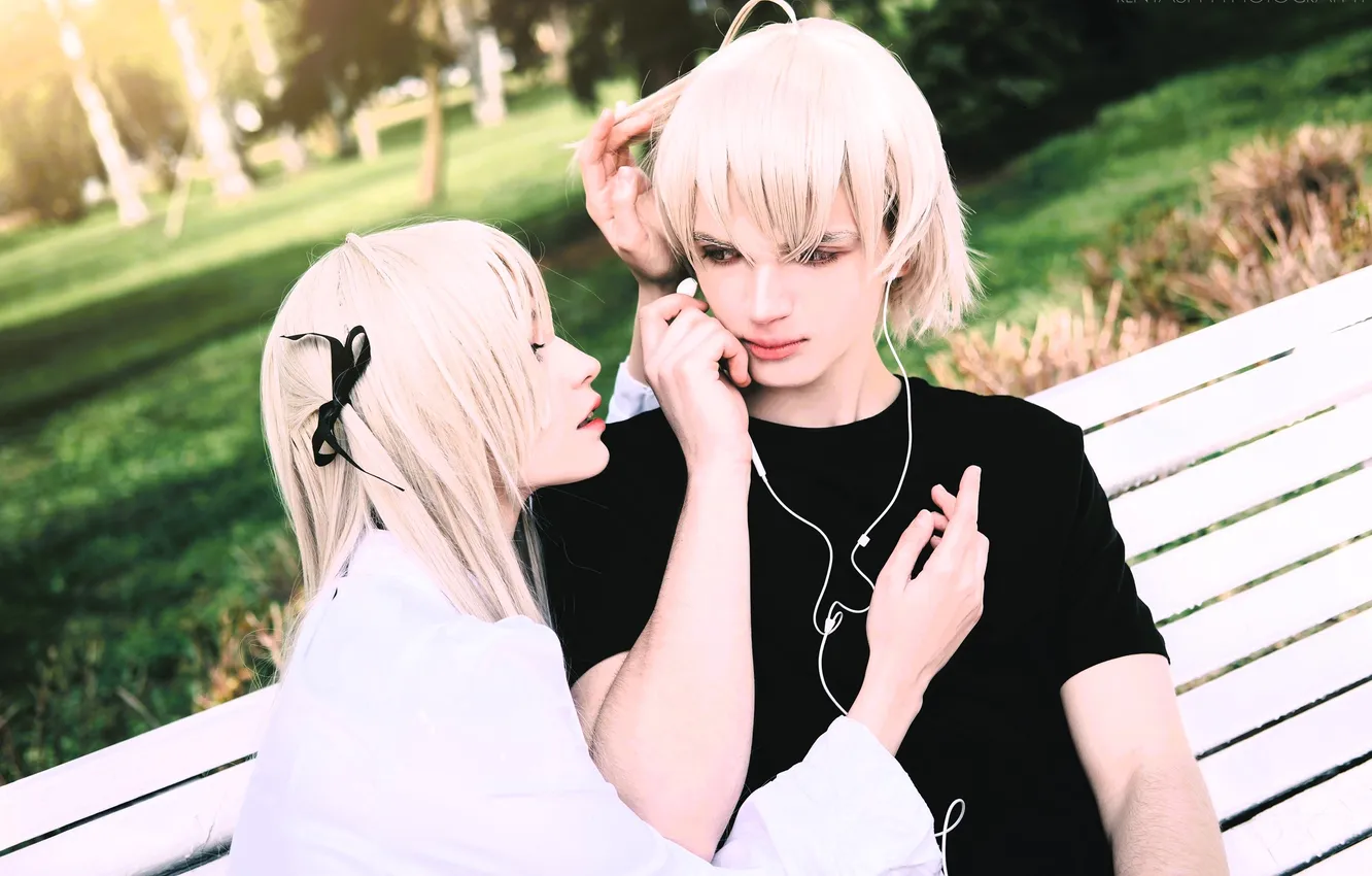 Photo wallpaper bench, Park, music, headphones, pair, costume, image, cosplay