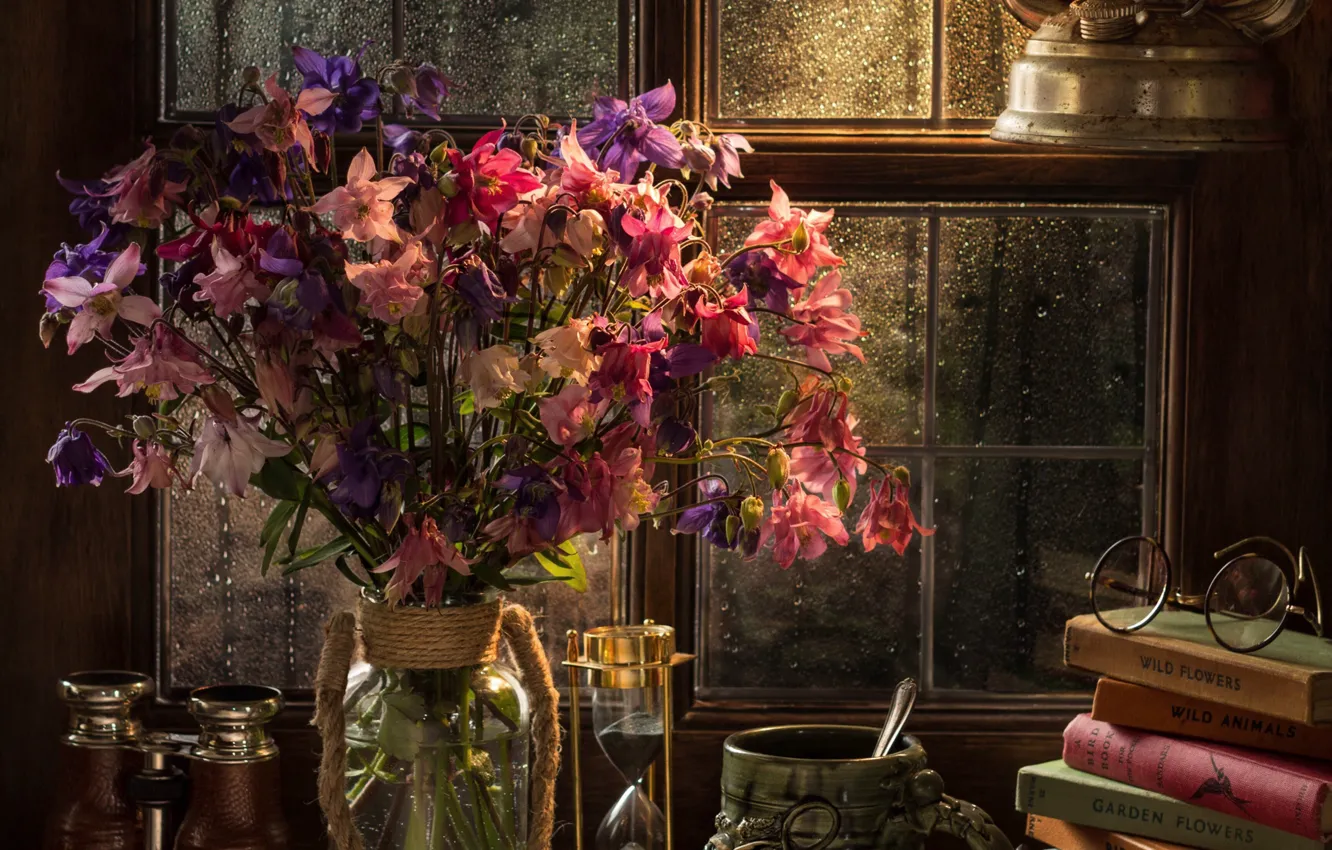 Photo wallpaper flowers, style, books, lamp, bouquet, window, glasses, mug