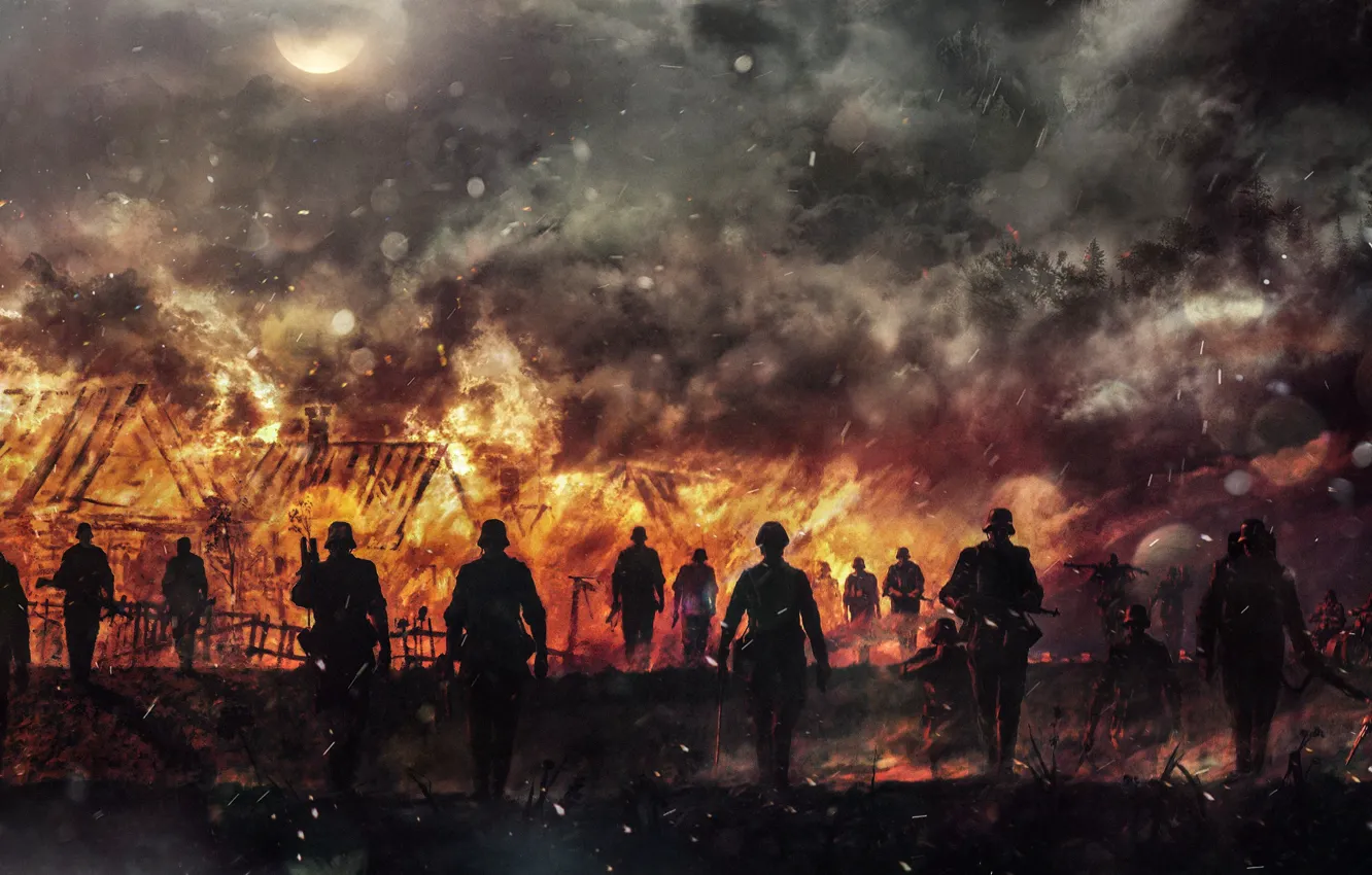 Photo wallpaper fire, battlefield, flame, gun, weapon, war, rifle, Skull