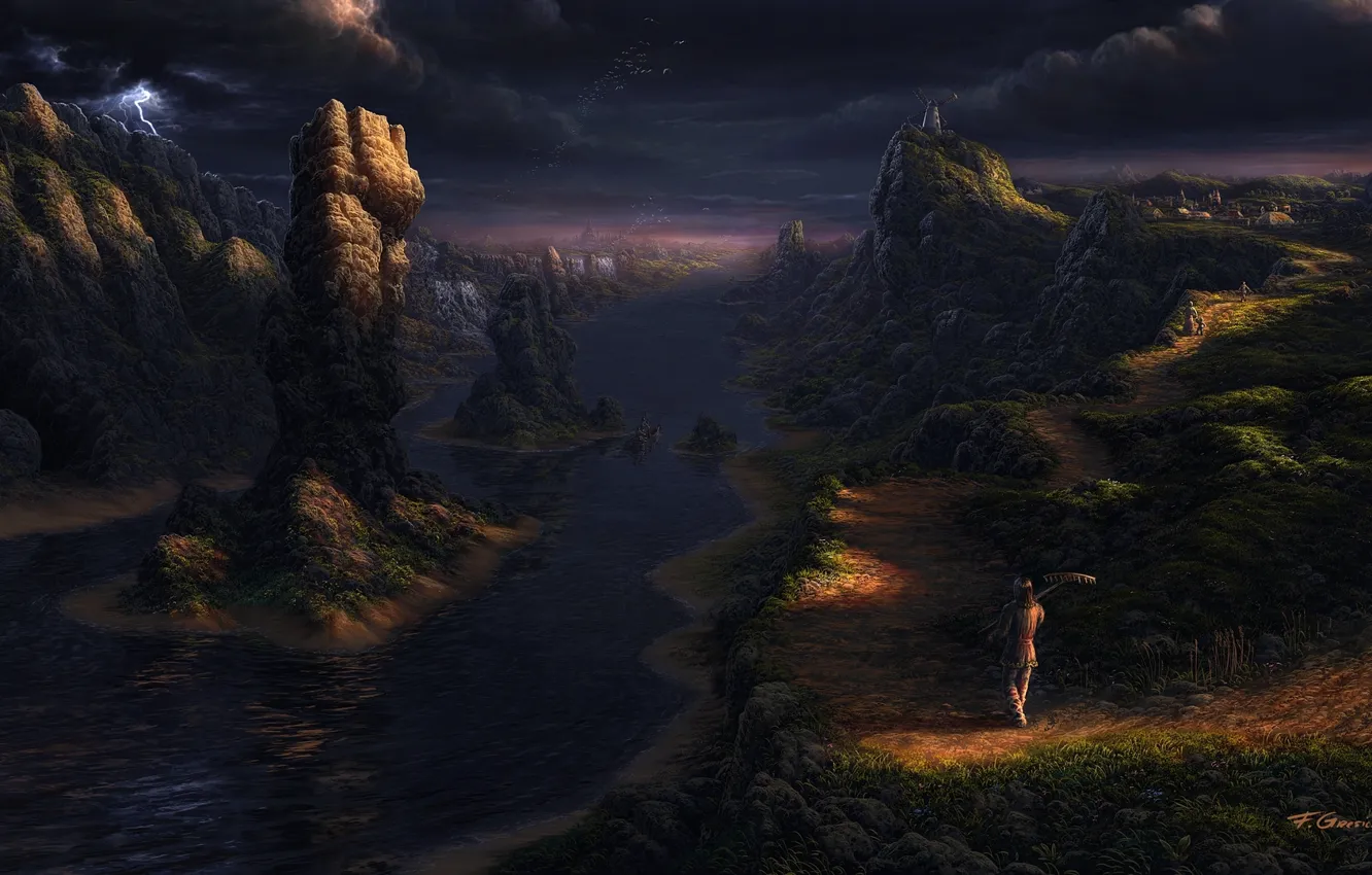 Photo wallpaper landscape, clouds, river, lightning, people, the evening, village, art