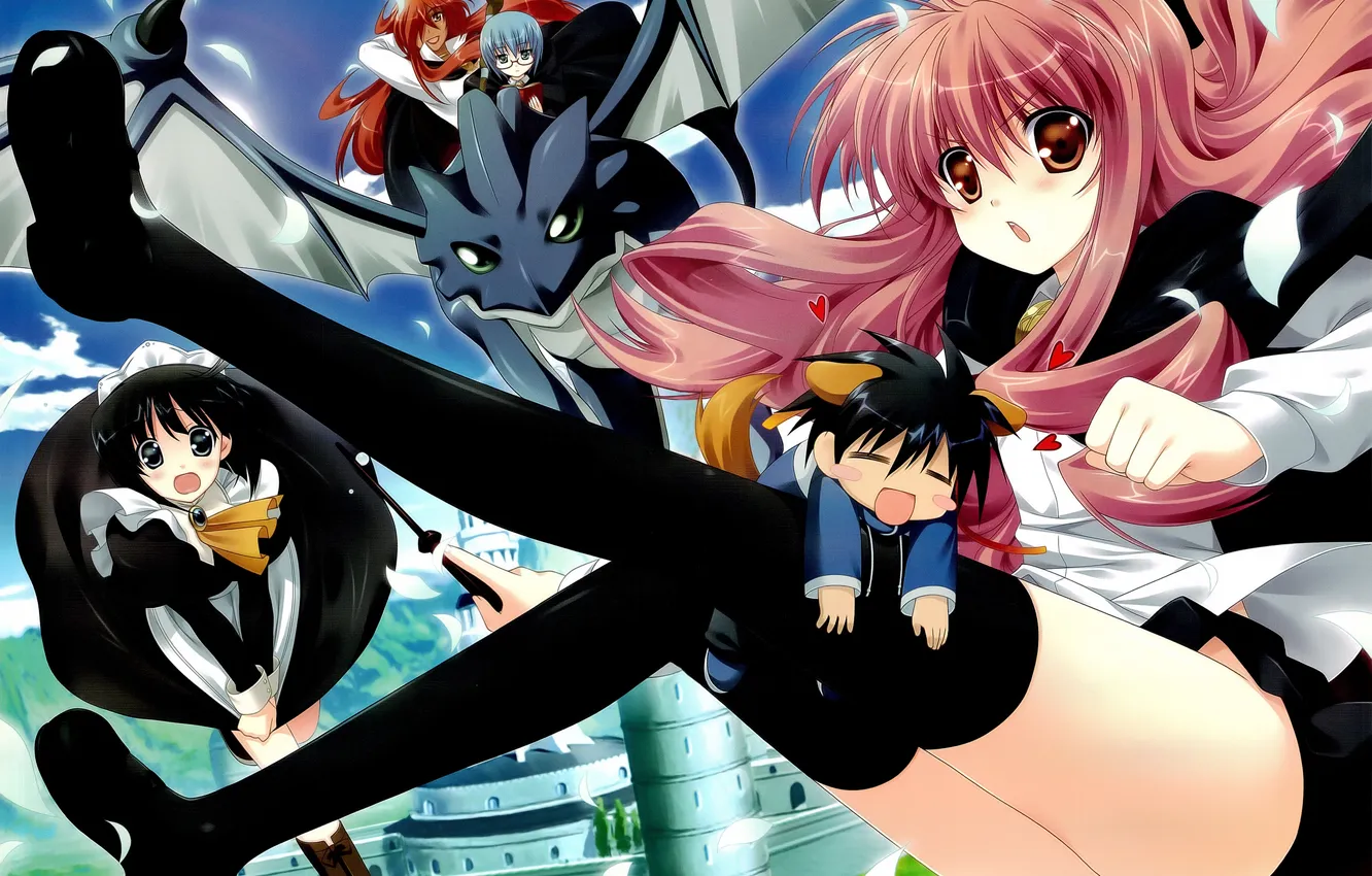 Photo wallpaper girls, dragon, anime, petals, art, guy, wand, zero no tsukaima