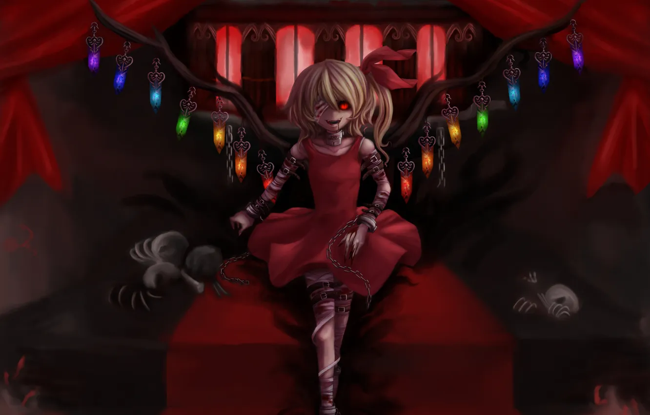 Photo wallpaper girl, blood, skull, wings, art, chain, bones, crystals