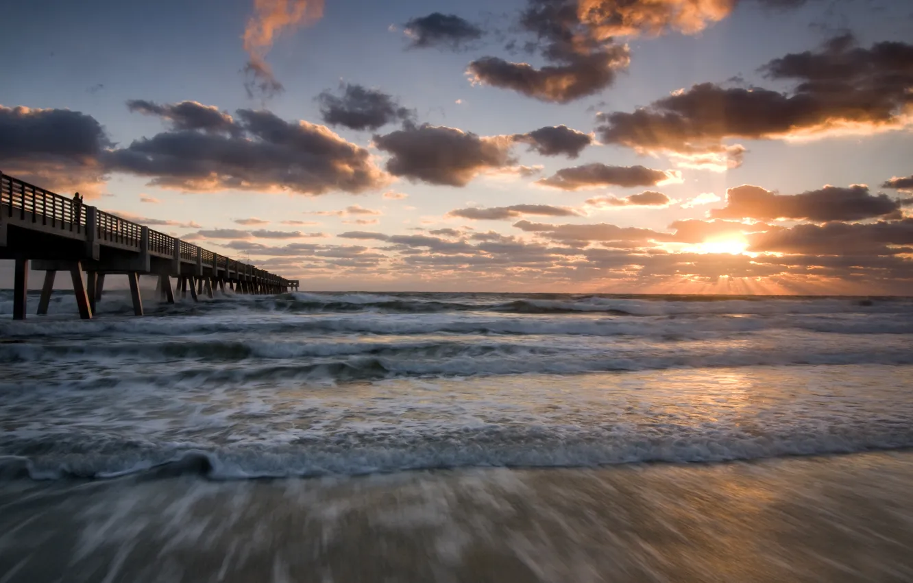 Photo wallpaper sea, wave, beach, the sky, water, the sun, clouds, landscape