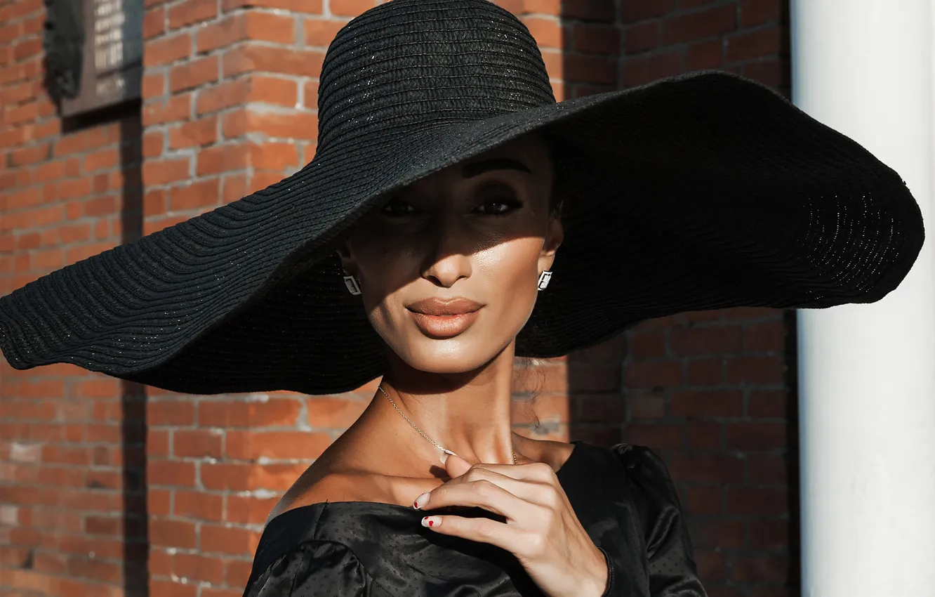 Photo wallpaper girl, brick, black hat, Aneta, Batraz Tabuev