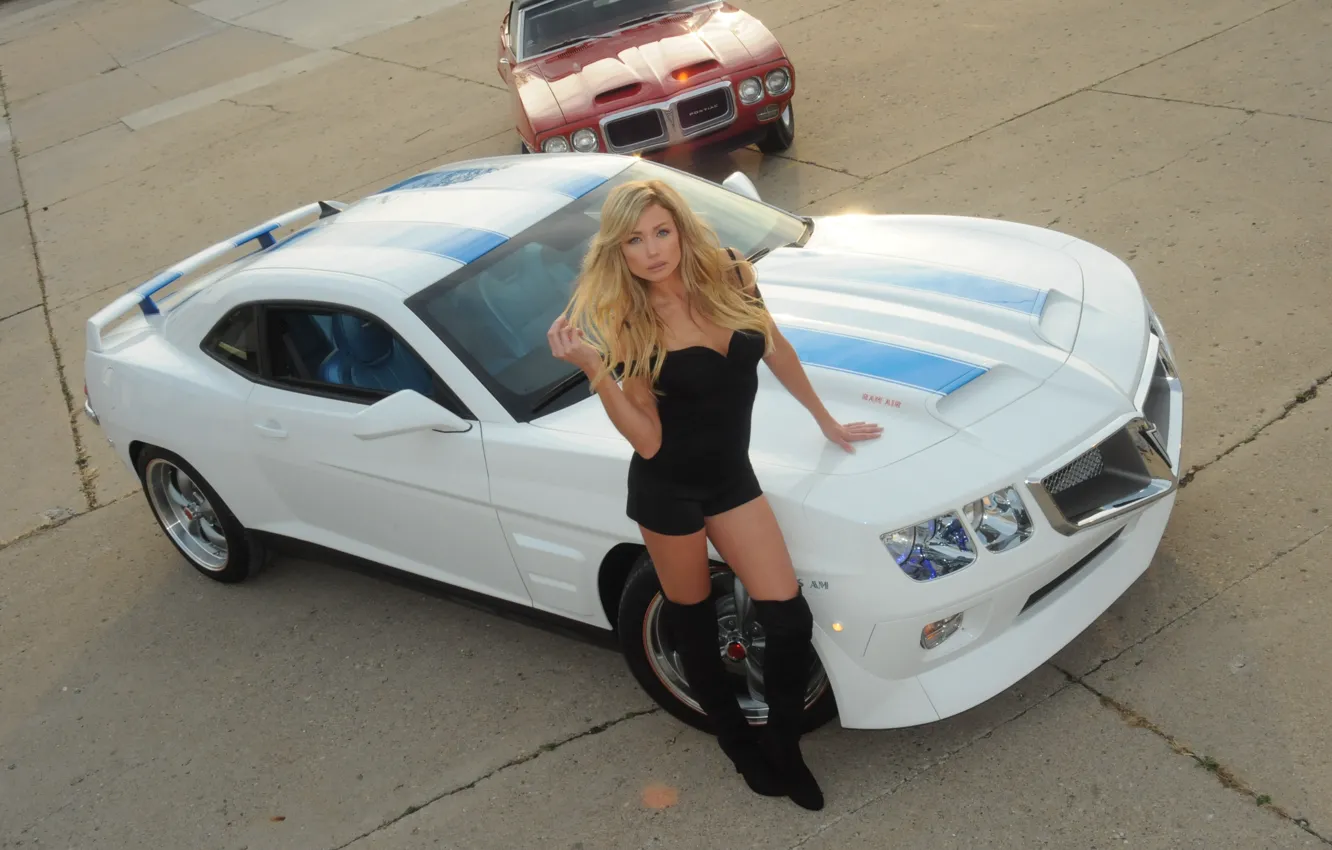 Photo wallpaper girl, strips, Chevrolet, white car