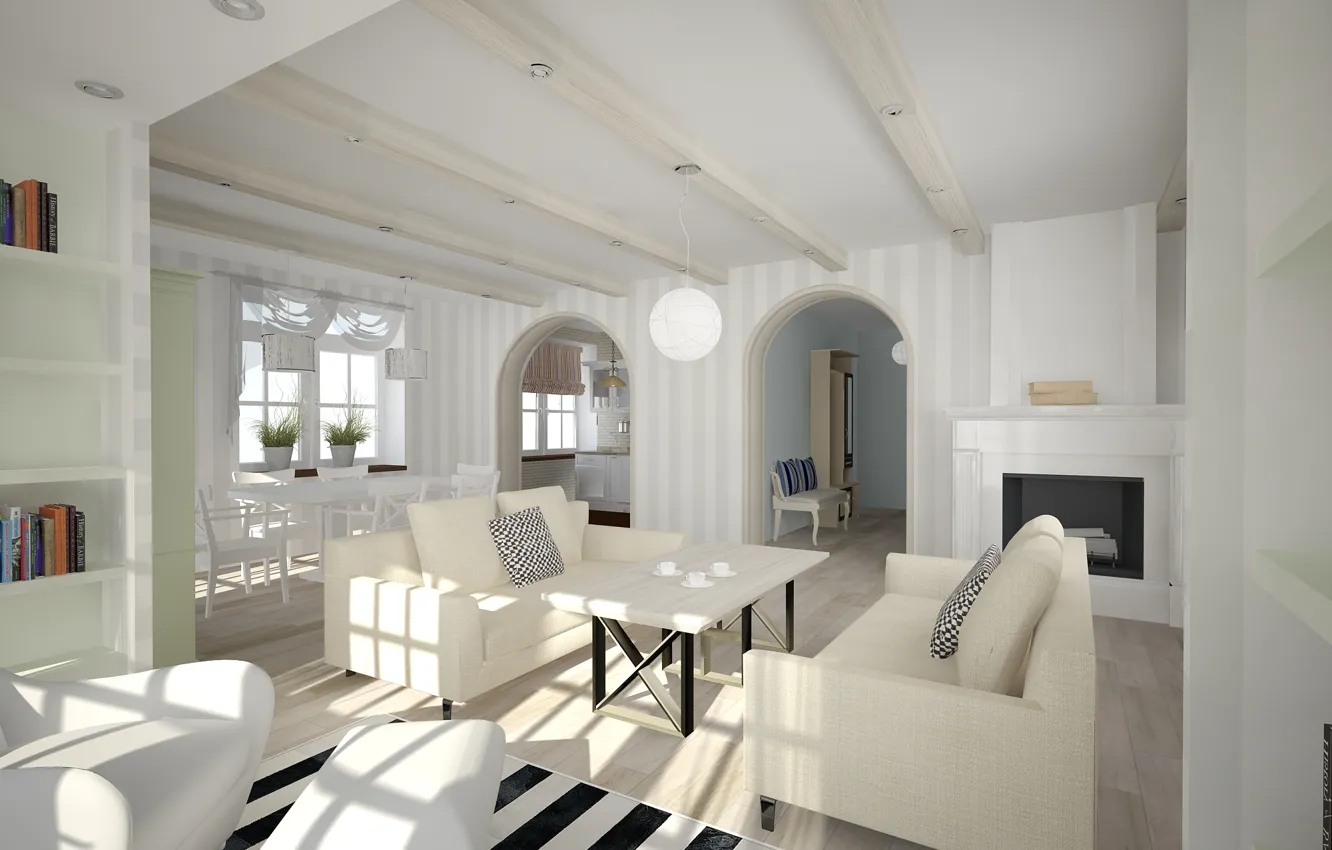 Photo wallpaper white, fireplace, living room, living room, fireplace, the white room, White room, scandinavian design
