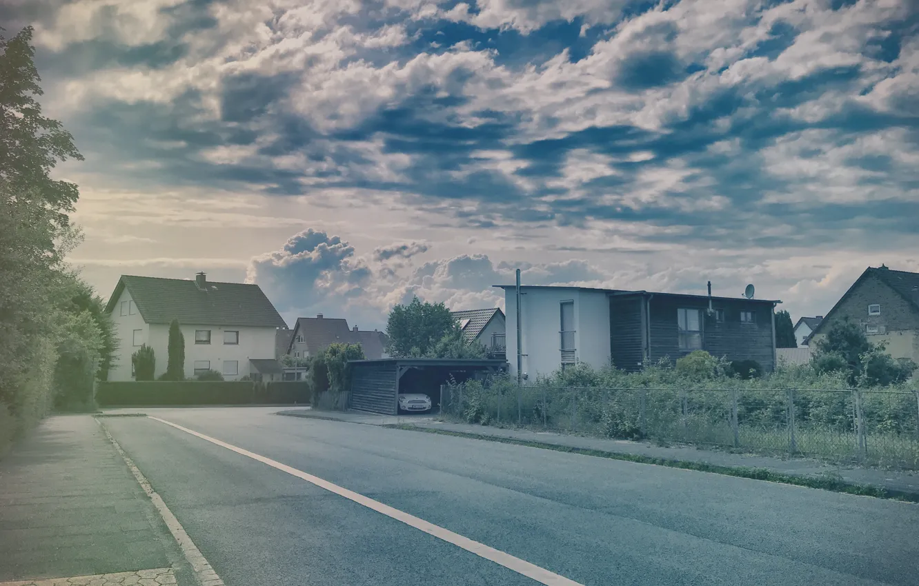 Photo wallpaper sky, clouds, street, houses, Photography By Tom