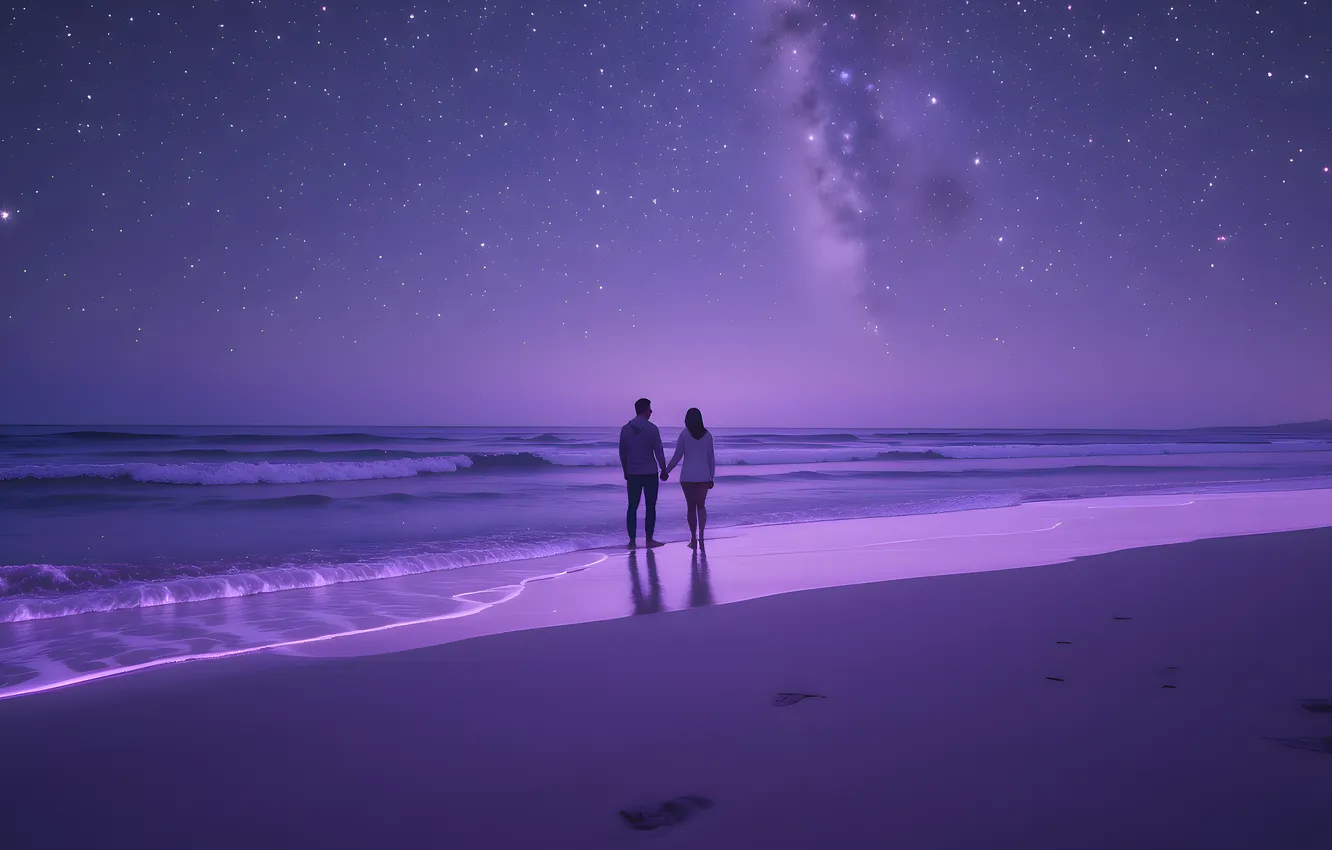Photo wallpaper sea, wave, beach, girl, stars, love, landscape, night