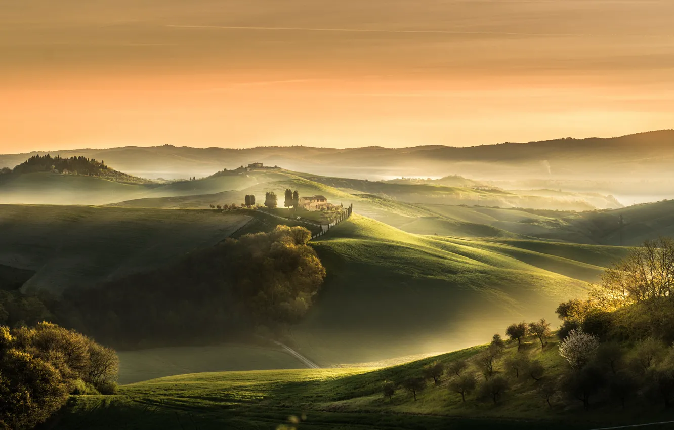 Photo wallpaper fog, field, spring, morning, Italy, April, estate, Tuscany