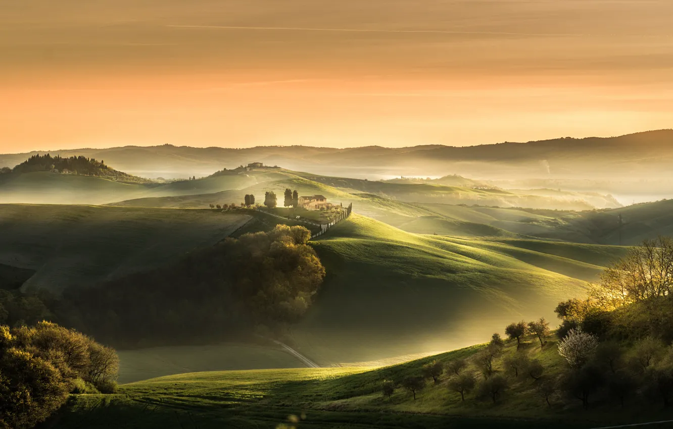 Photo wallpaper field, fog, spring, morning, Italy, April, estate, Tuscany