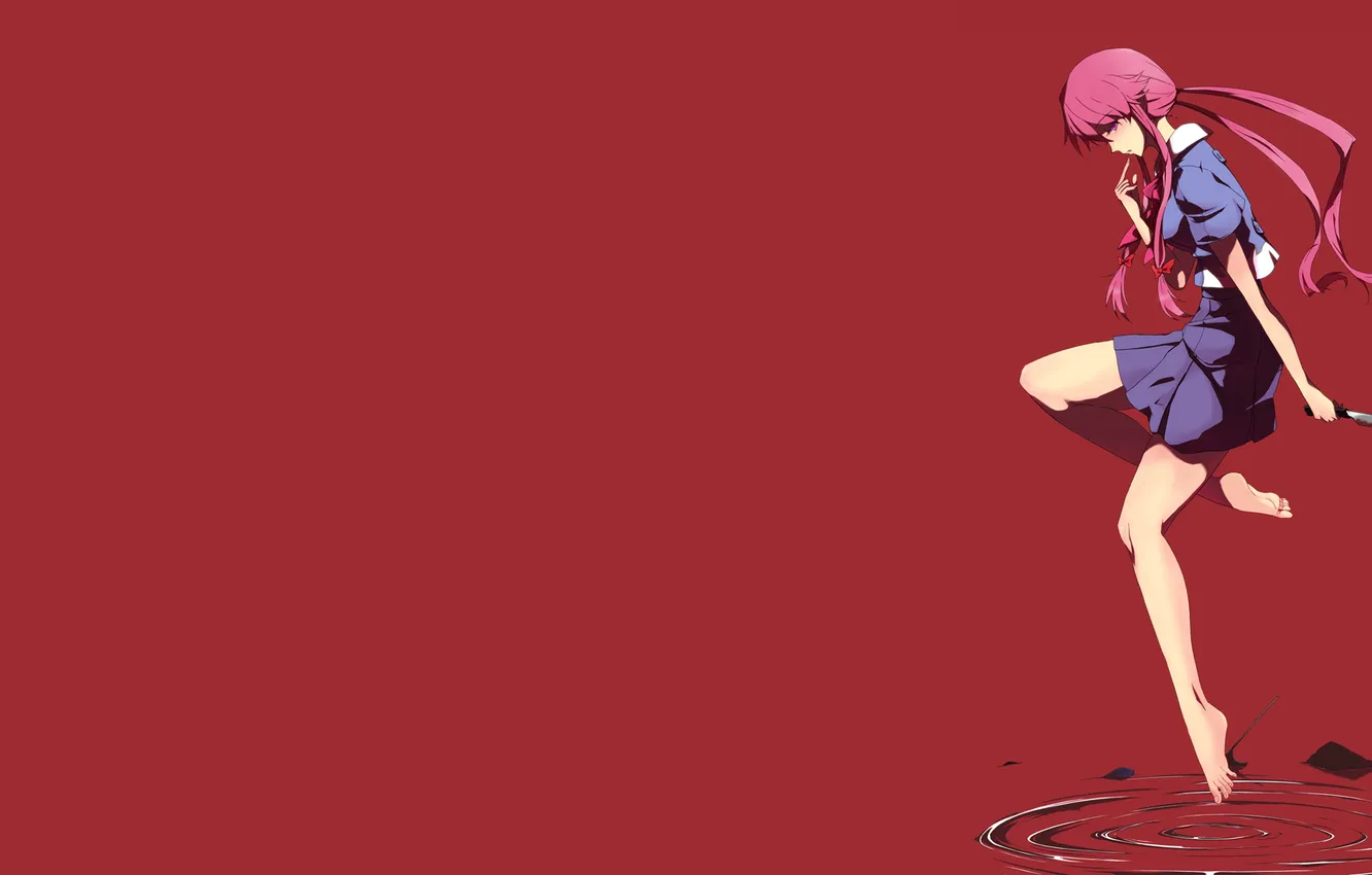 Photo wallpaper blood, pink hair, long hair, dress, legs, barefoot, knife, Mirai Nikki