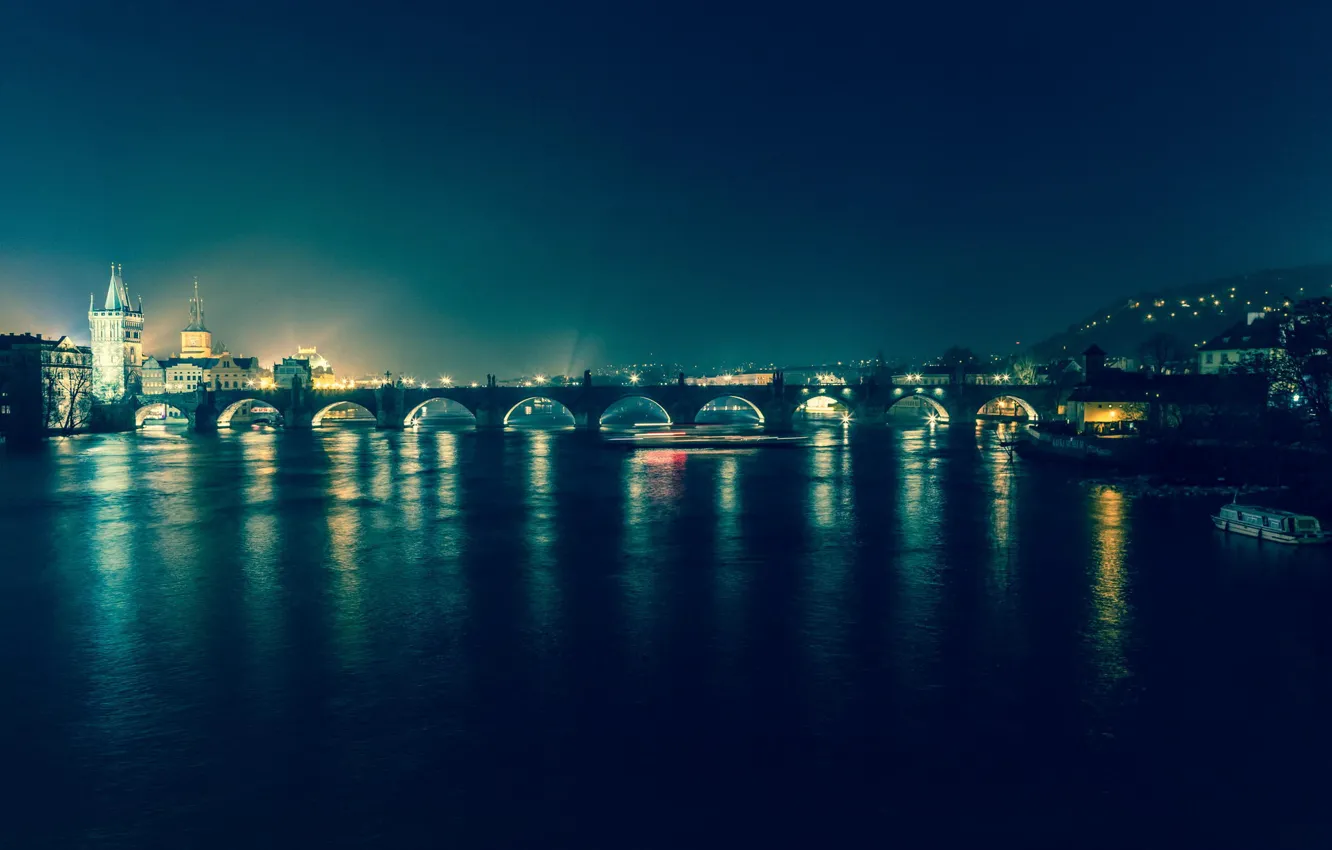 Photo wallpaper night, bridge, lights, river, Prague, Czech Republic