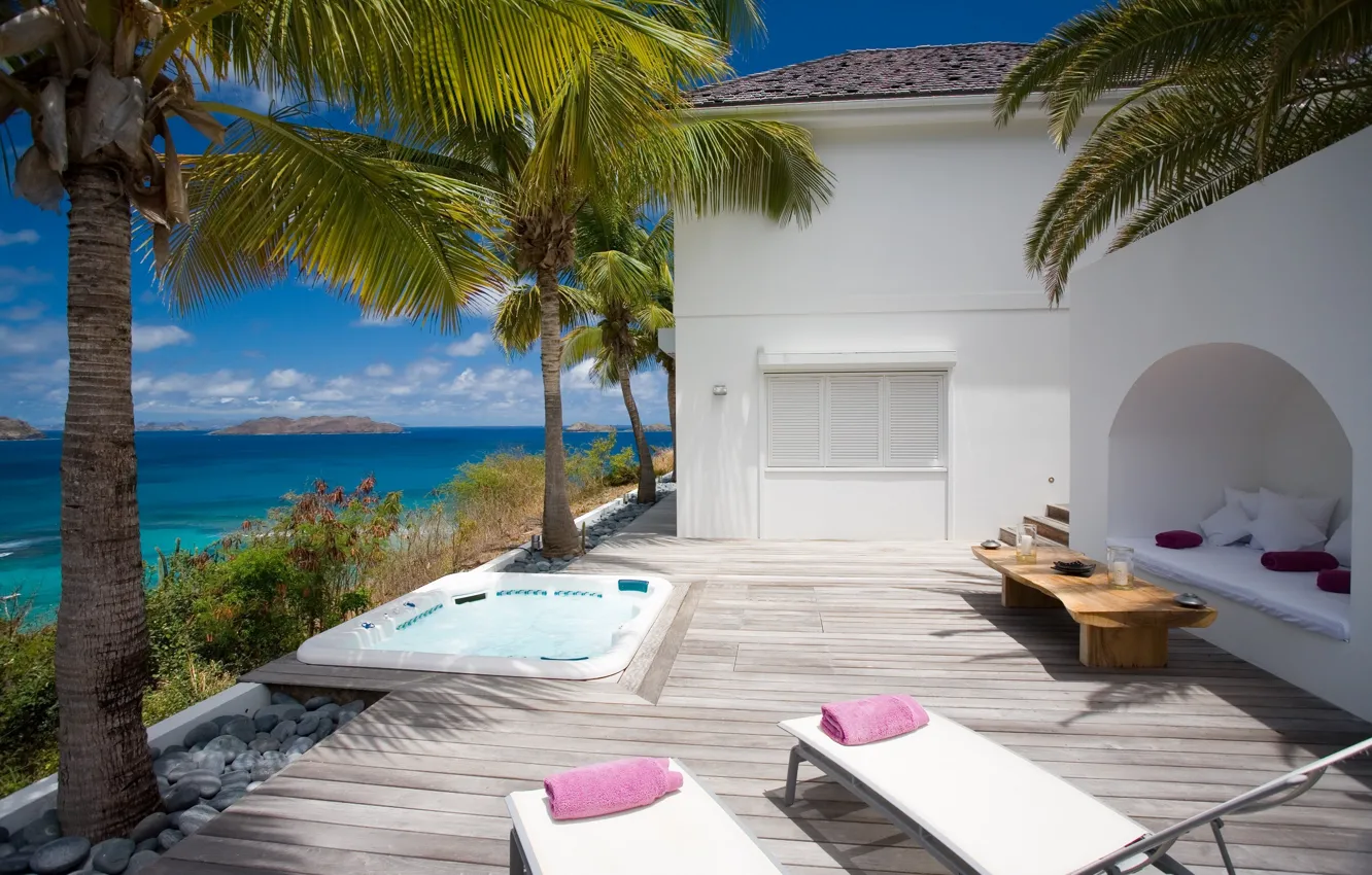 Photo wallpaper sea, summer, the sky, clouds, trees, mountains, stones, palm trees