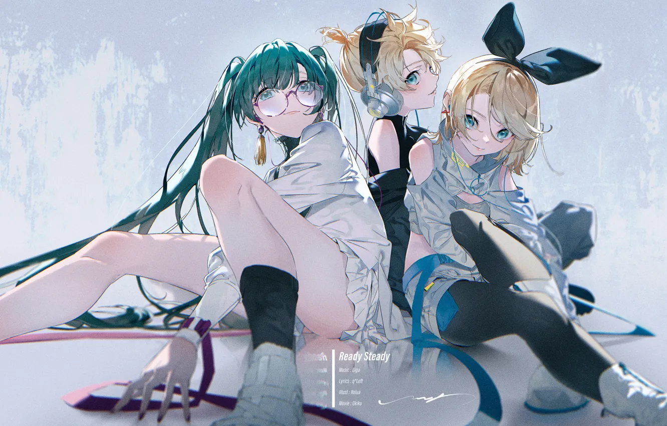 Photo wallpaper headphones, glasses, blue eyes, vocaloid, Hatsune Miku, Kagamine Rin, three, sitting on the floor