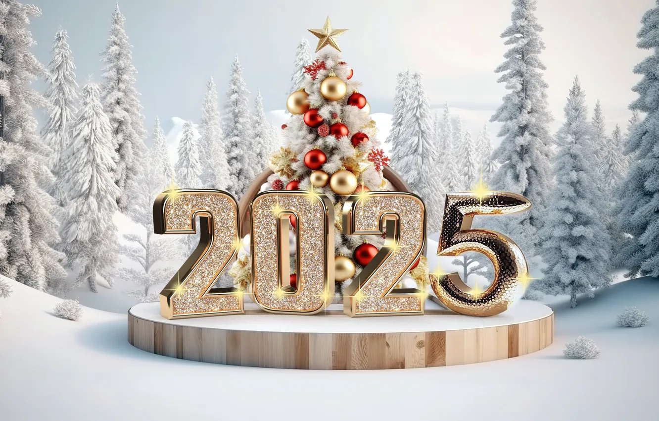Photo wallpaper winter, frost, forest, snow, gold, tree, snake, frost