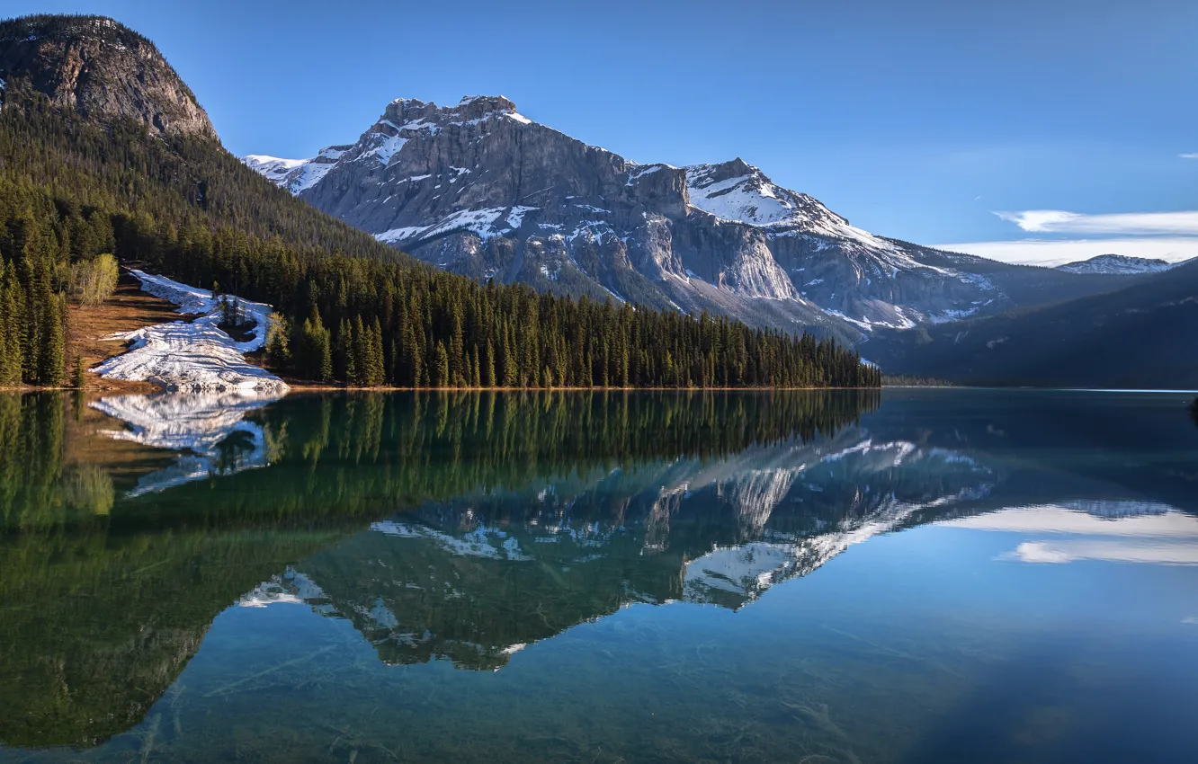 Photo wallpaper forest, mountains, lake, reflection, blue, rocks, shore, tops