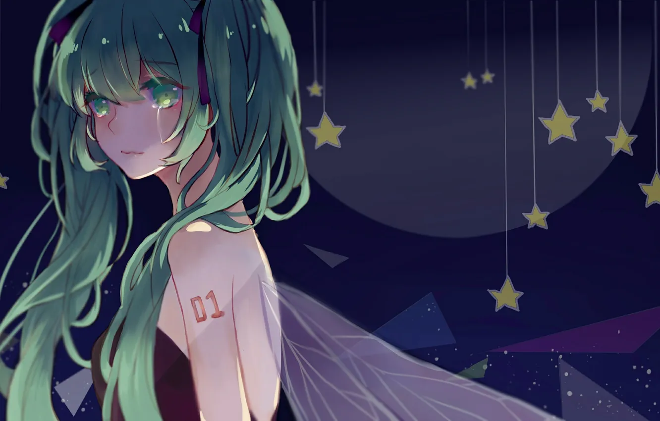 Photo wallpaper girl, stars, wings, anime, tears, art, vocaloid, hatsune miku