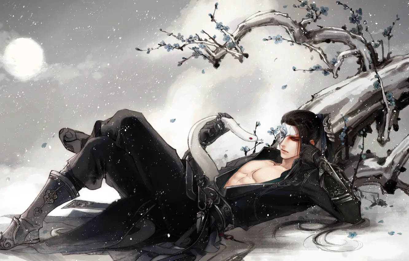 Photo wallpaper snow, trees, snake, mask, art, guy, lying