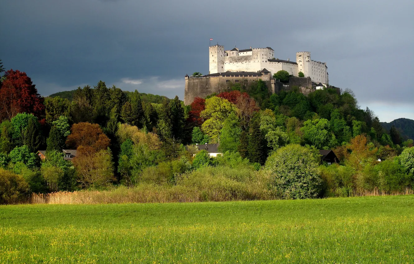 Photo wallpaper autumn, trees, mountains, tower, Austria, fortress, Salzburg, Hohensalzburg