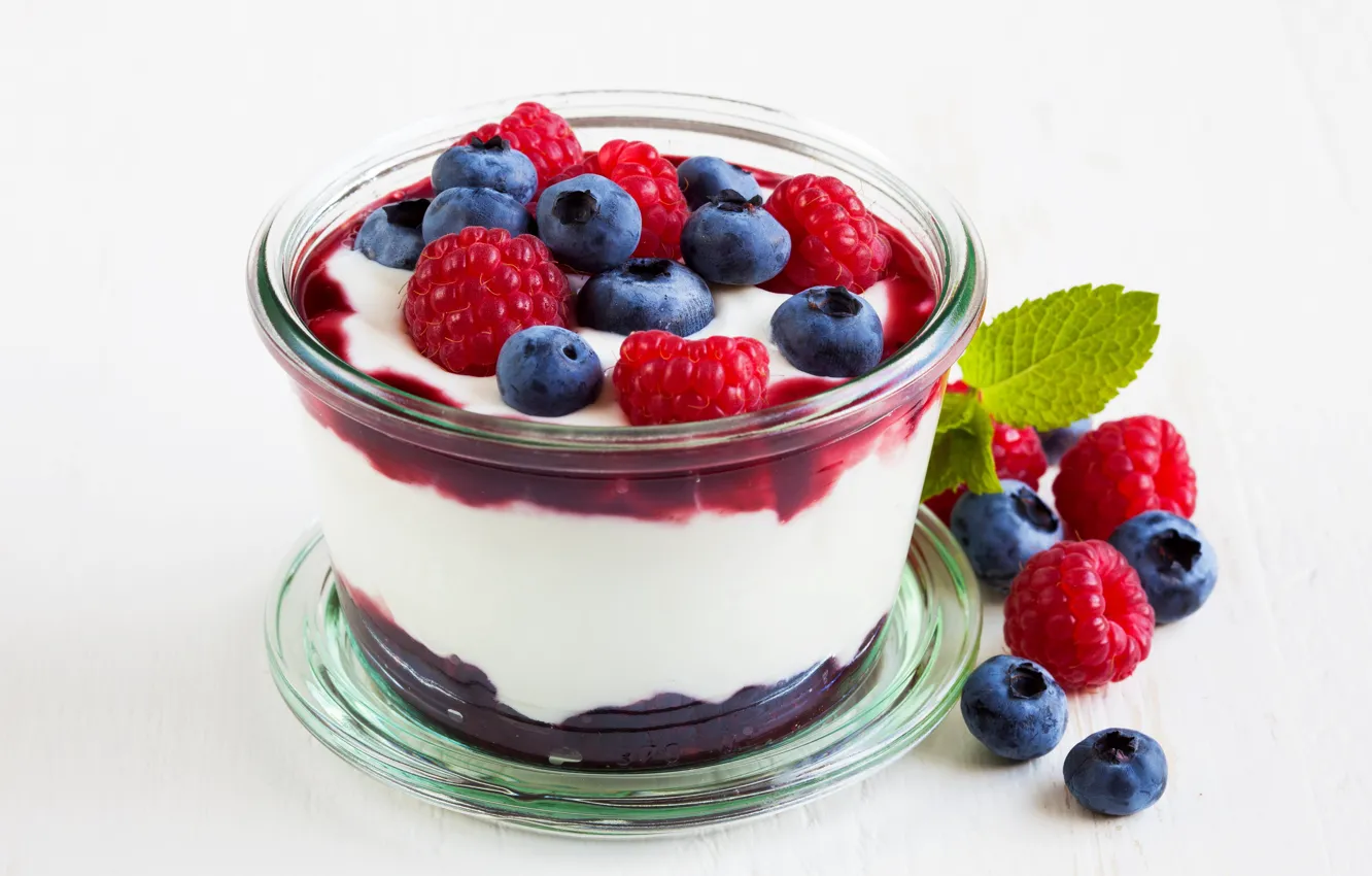 Photo wallpaper raspberry, food, blueberries, cream, dessert, blueberry, cream, dessert