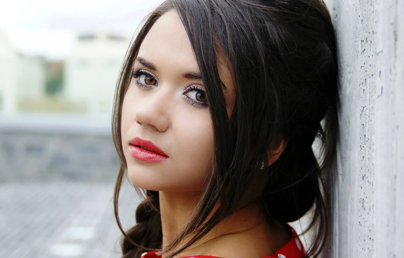 Photo wallpaper girl, red, face, eyelashes, hair, polka dot, dress, lips