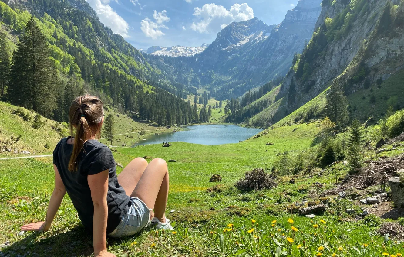 Photo wallpaper summer, girl, clouds, trees, landscape, mountains, nature, lake