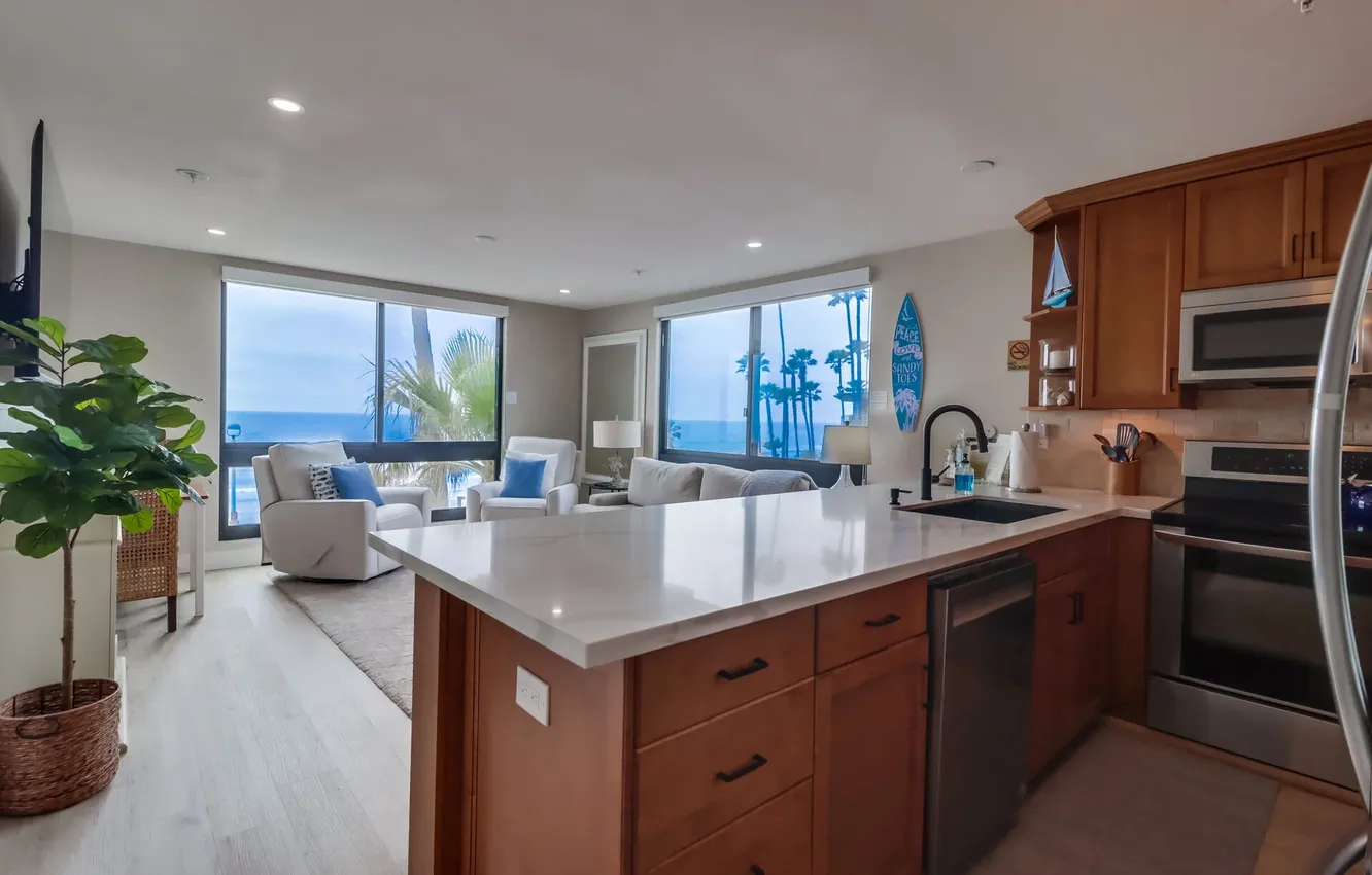 Photo wallpaper design, style, interior, kitchen, living room, upholstered furniture, ocean views, villa by the ocean