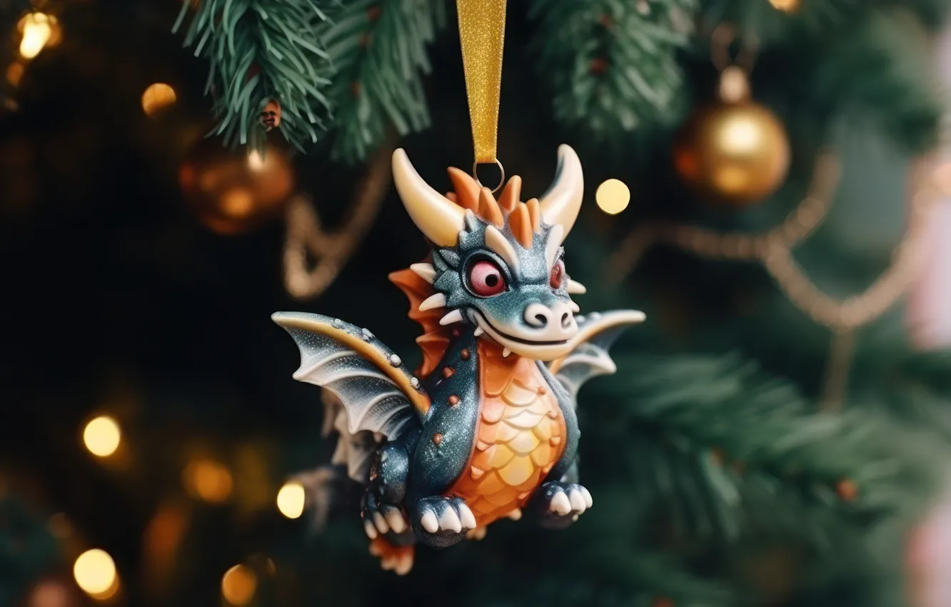 Photo wallpaper branches, dragon, toy, new year, lights, herringbone, needles, dragon