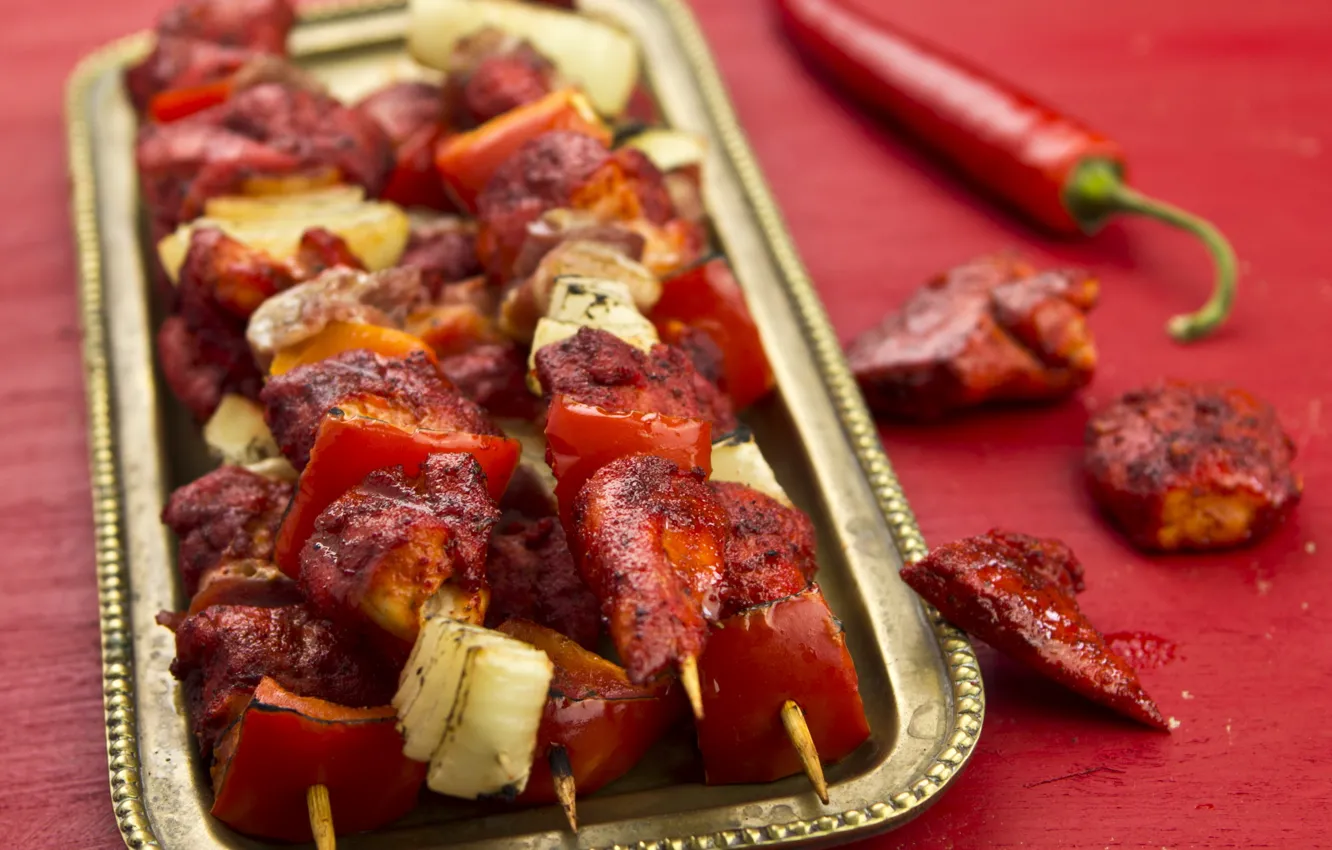 Photo wallpaper background, food, meat, BBQ, kebab, tray, hot pepper, slices tomato