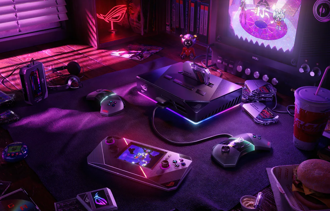 Photo wallpaper asus rog, retro style, technology, Aesthetic interior, Gaming room, Ambient lighting, Gaming Console