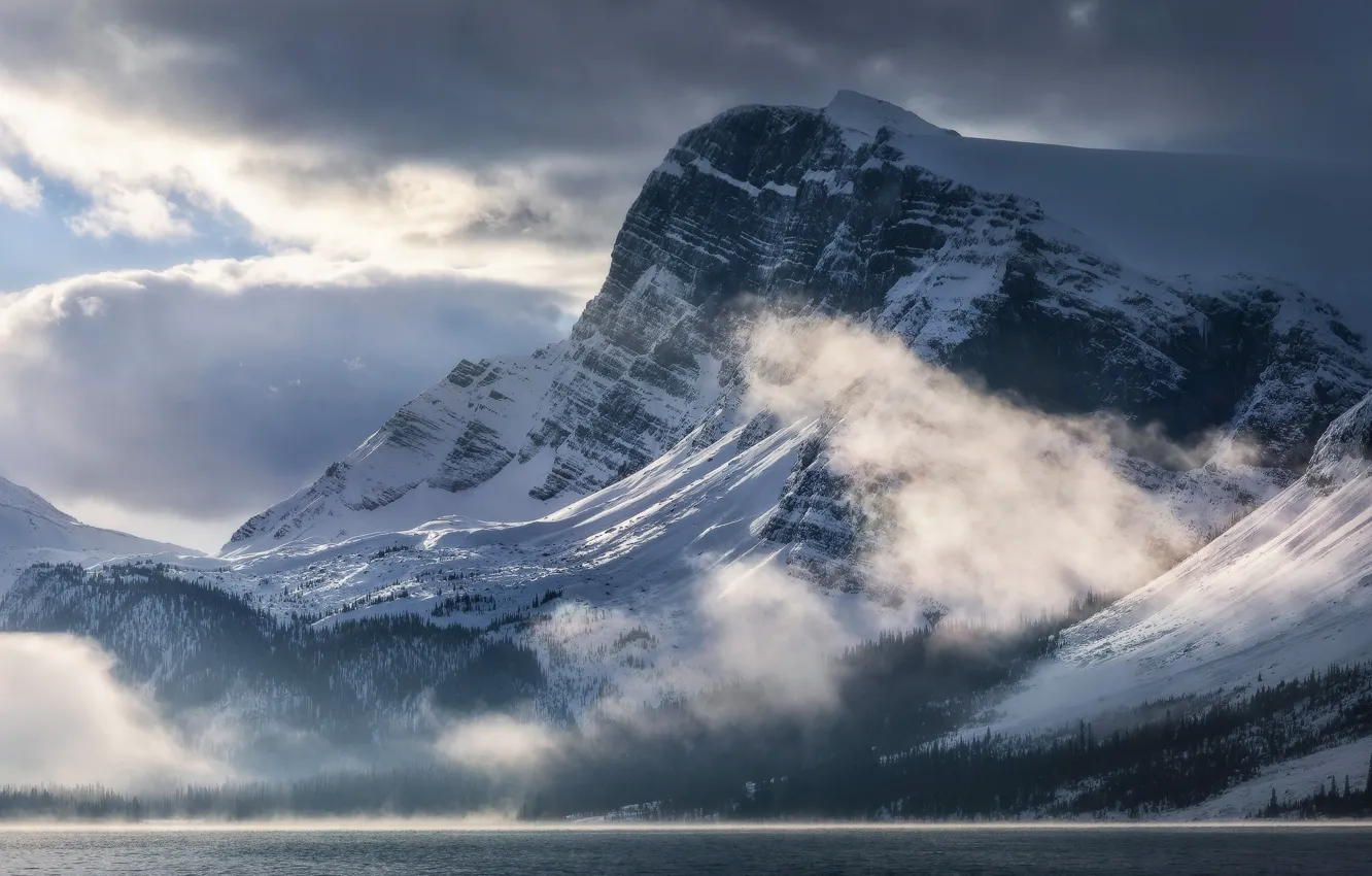 Photo wallpaper clouds, snow, mountains, fog, lake, river, mountain