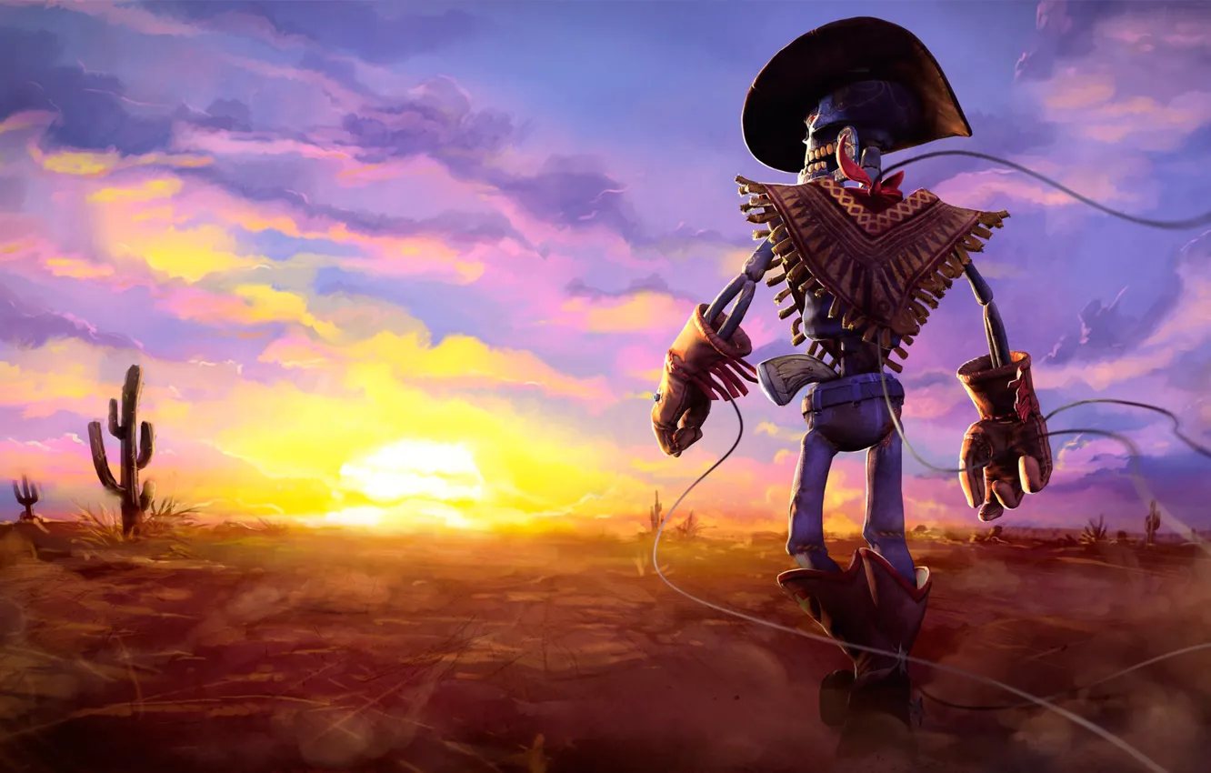 Photo wallpaper desert, sunset, background, cowboy, cactus, skeleton, favor wrestlers