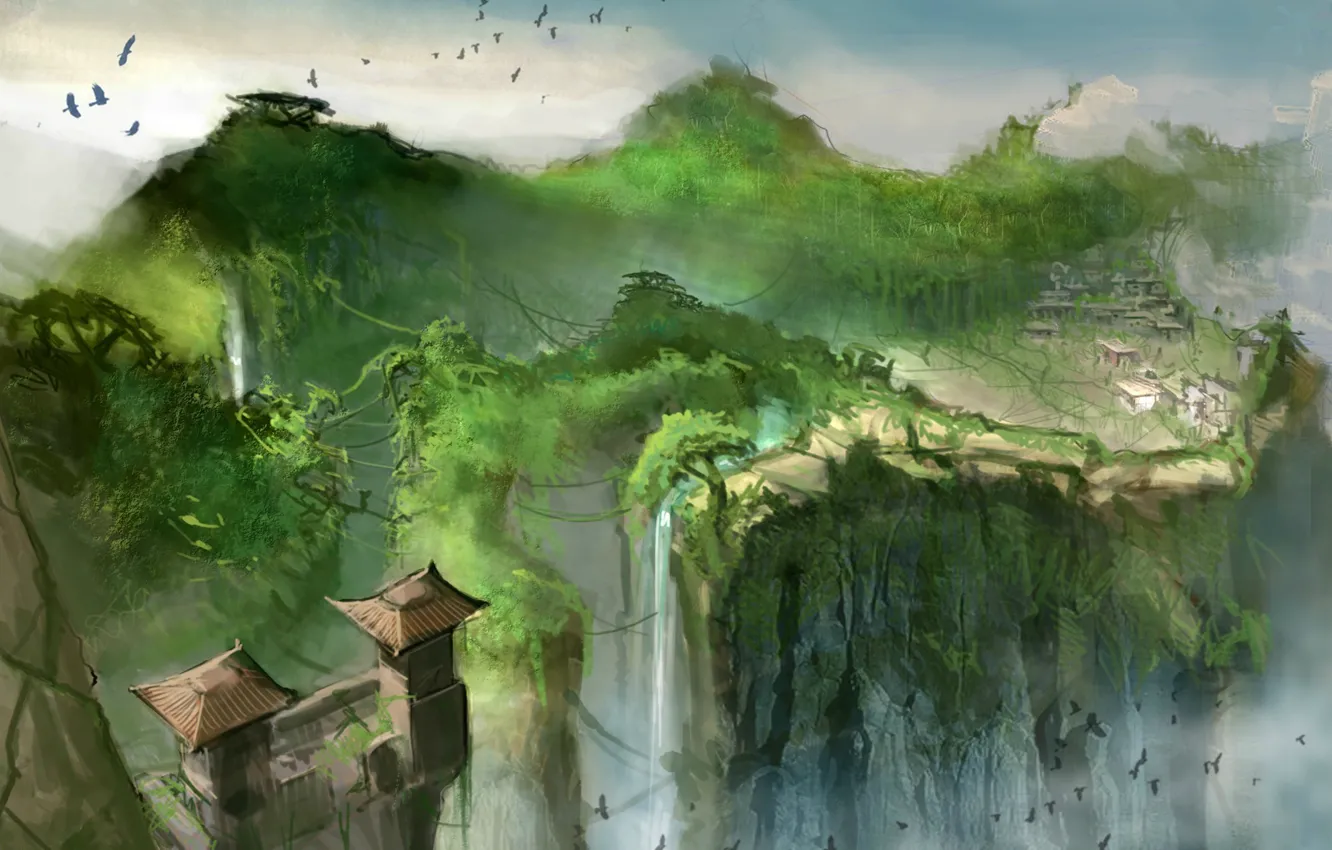 Photo wallpaper birds, bridge, rocks, waterfall, home, rope, roof, Heavenly Sword