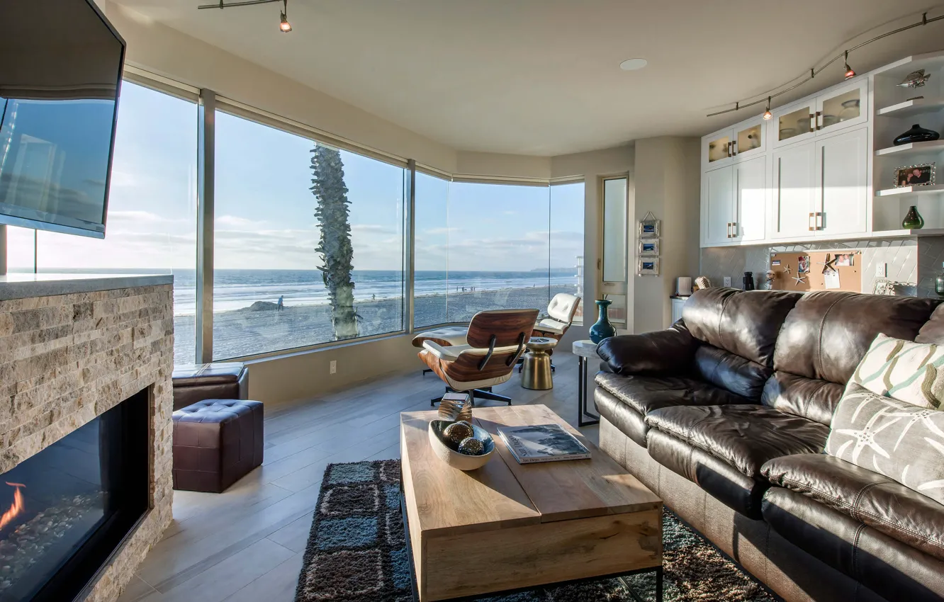 Photo wallpaper interior, kitchen, fireplace, living room