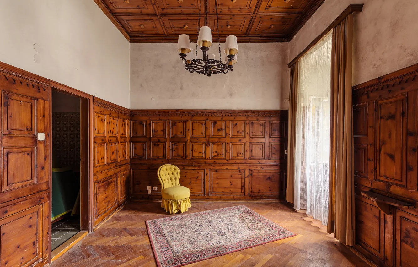 Photo wallpaper room, tree, carpet, chair, door, chandelier, curtains, sunlight