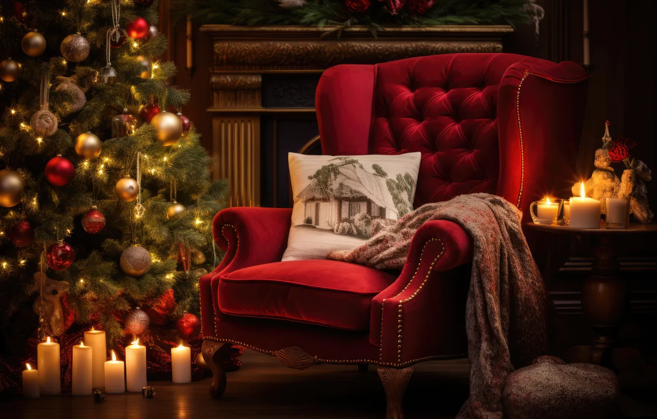 Photo wallpaper decoration, room, balls, tree, interior, chair, Christmas, fireplace