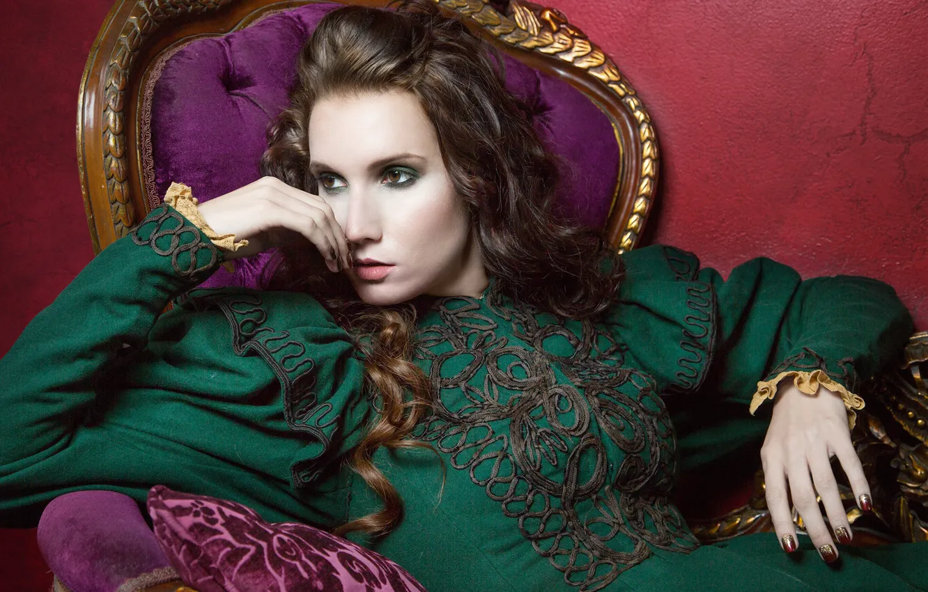 Photo wallpaper girl, pose, style, mood, model, chair, hands, dress