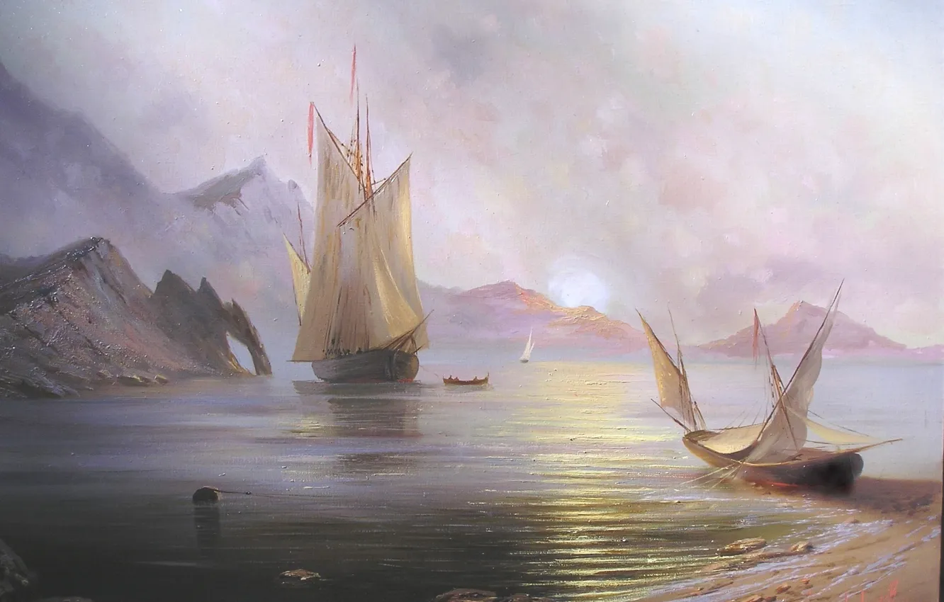 Photo wallpaper sea, the sun, landscape, mountains, dawn, ship, beauty, boats