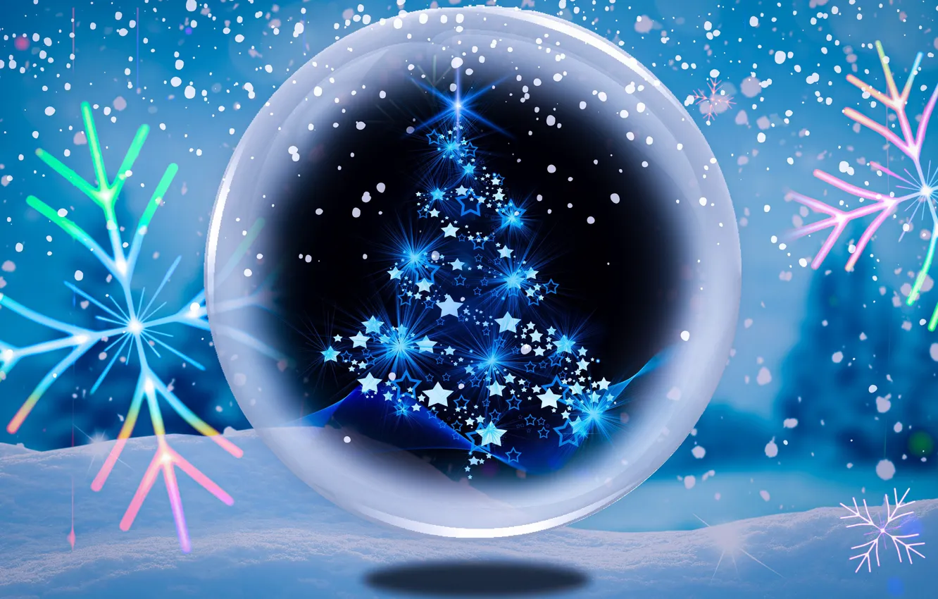 Photo wallpaper winter, snow, snowflakes, nature, lights, lights, holiday, graphics