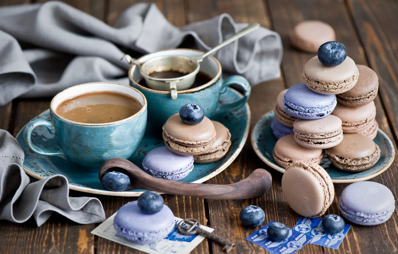 Photo wallpaper berries, coffee, key, cookies, blueberries, spoon, dessert, cakes
