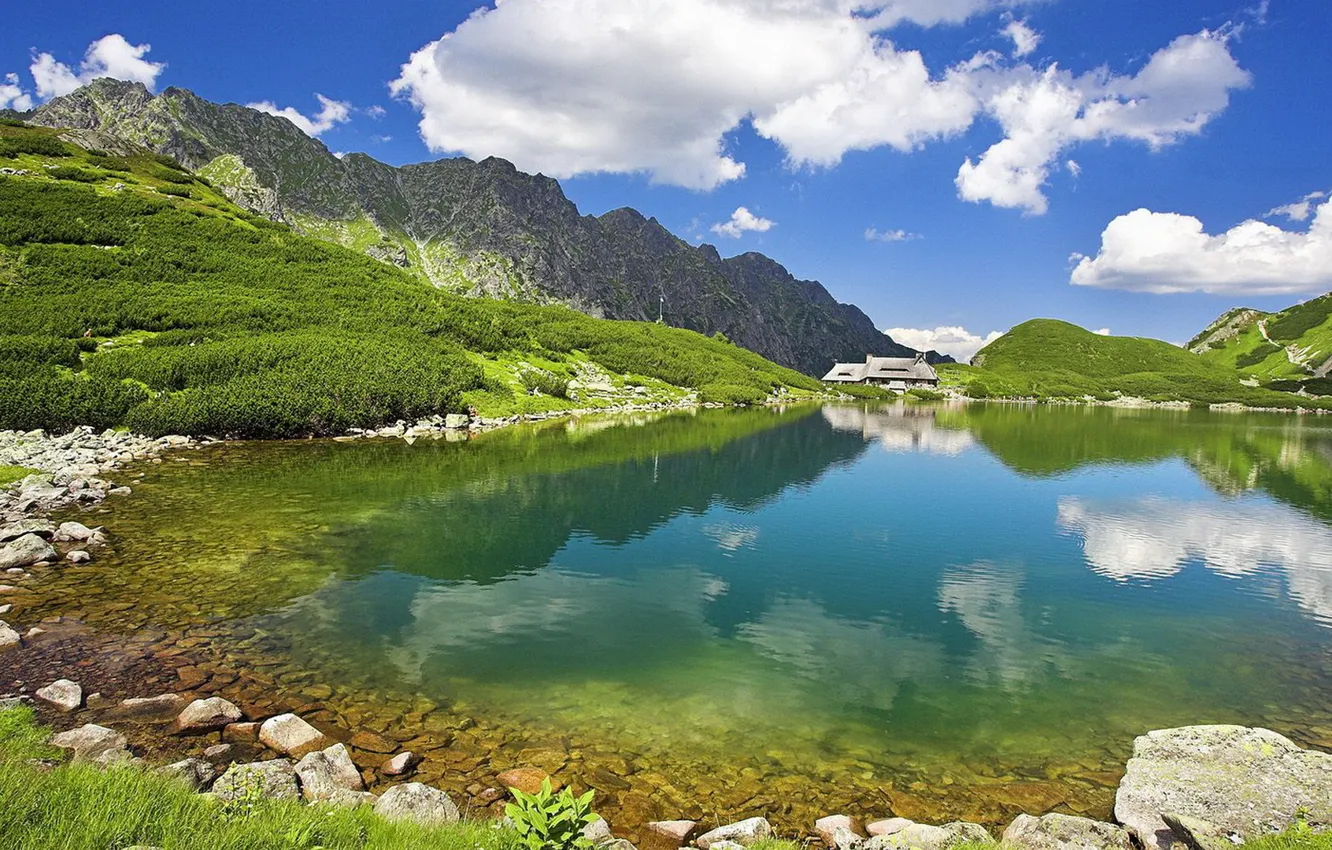 Photo wallpaper summer, the sky, water, mountains, nature, transparent, lake, the distance