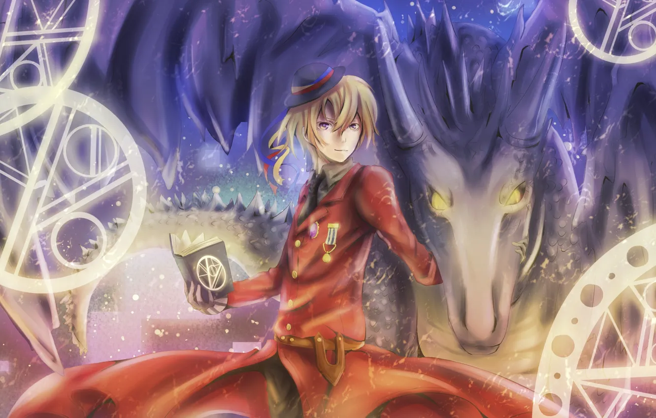 Photo wallpaper magic, dragon, hat, symbol, horns, book, guy, military uniform