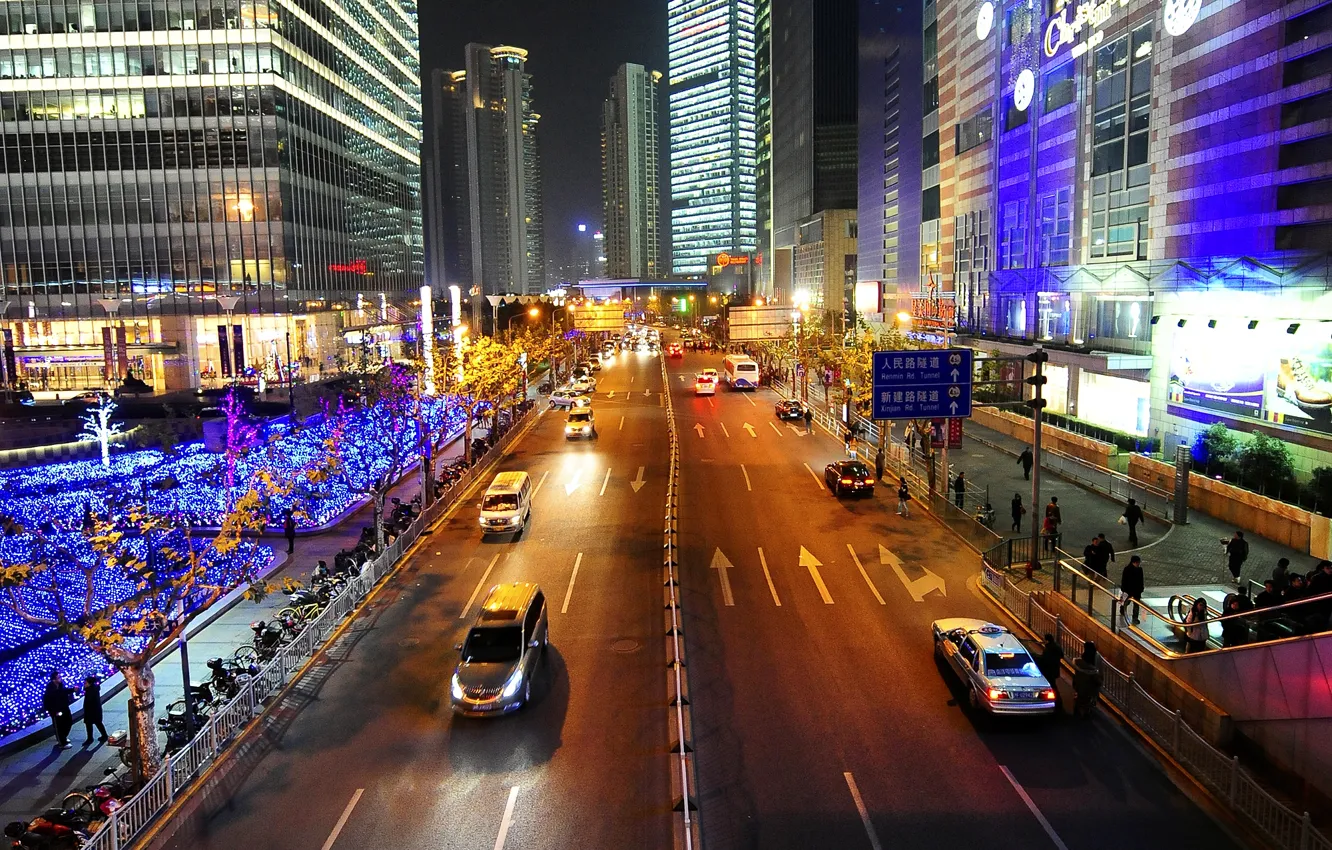 Photo wallpaper lights, people, street, China, home, China, Shanghai, Shanghai
