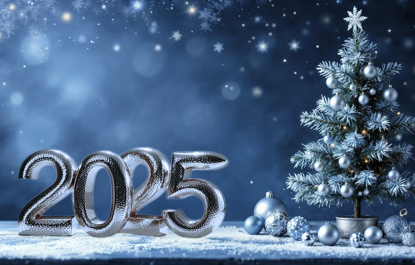Photo wallpaper snow, decoration, night, tree, figures, New year, silver, new year